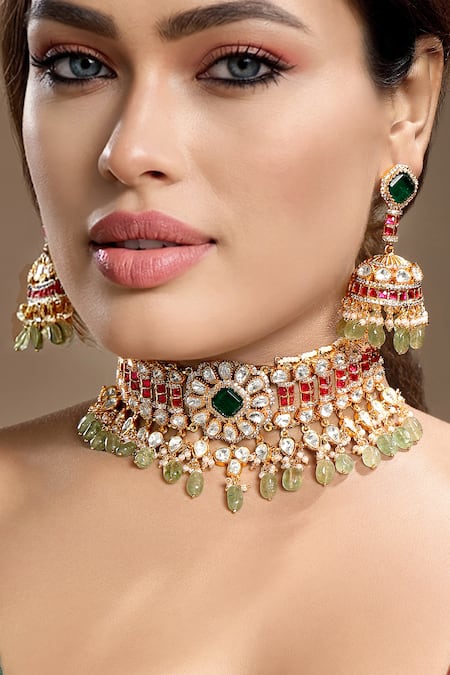 Hrisha_Multi Color Pearls, Stones, Crystals Kundan Polki Necklace Set _at_Aza_Fashions