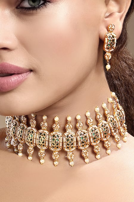 Buy_Hrisha_Gold Plated Pearls, Gemstones Floral Carved Necklace Set _Online_at_Aza_Fashions
