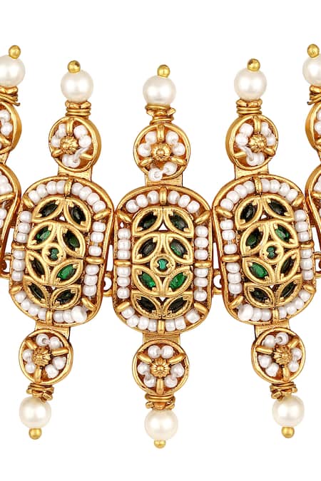 Shop_Hrisha_Gold Plated Pearls, Gemstones Floral Carved Necklace Set _Online_at_Aza_Fashions