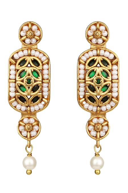 Hrisha_Gold Plated Pearls, Gemstones Floral Carved Necklace Set _at_Aza_Fashions