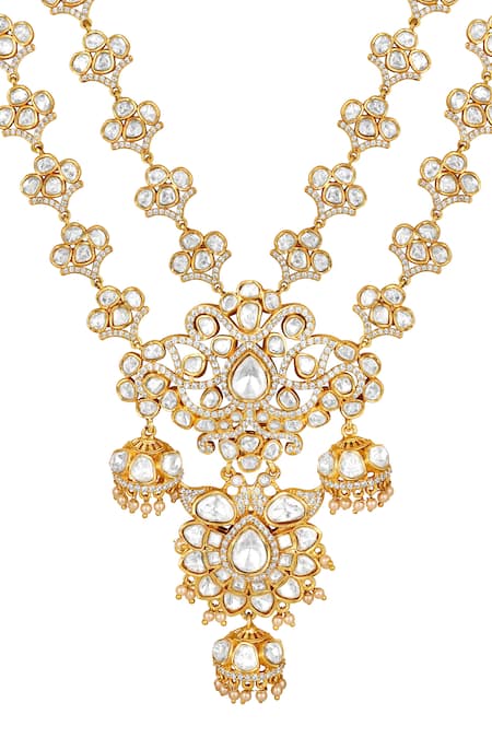 Hrisha_Gold Plated Pearls, Crystals, Stones Kundan Polki Necklace Set _at_Aza_Fashions