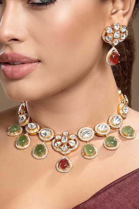 Buy_Hrisha_Gold Plated Stones, Crystals, Faux Diamonds Moissanite Polki Necklace Set _Online_at_Aza_Fashions