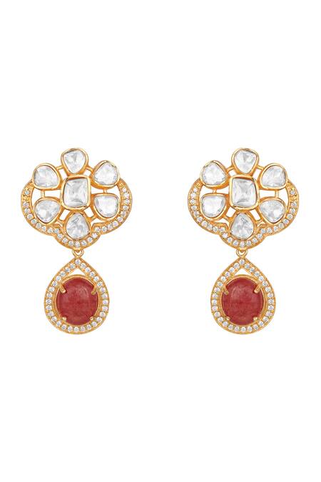 Shop_Hrisha_Gold Plated Stones, Crystals, Faux Diamonds Moissanite Polki Necklace Set _Online_at_Aza_Fashions