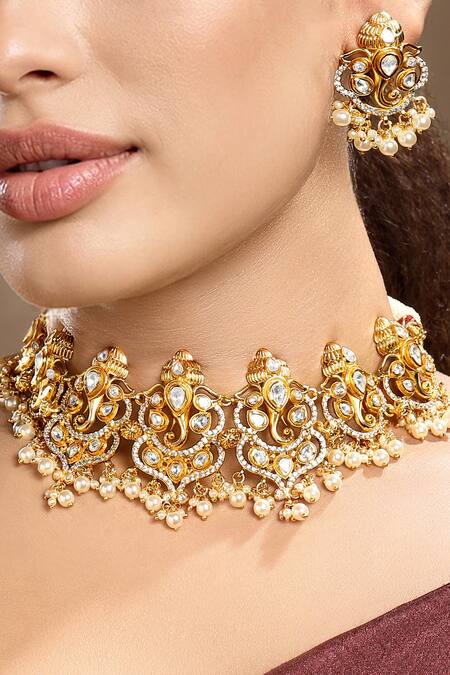 Buy_Hrisha_Gold Plated Pearls, Stones, Crystals Kundan Polki Necklace Set _Online_at_Aza_Fashions