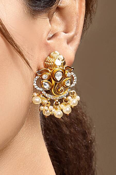 Hrisha_Gold Plated Pearls, Stones, Crystals Kundan Polki Necklace Set _at_Aza_Fashions