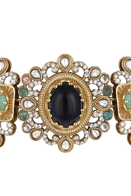 Shop_Hrisha_Gold Plated Crystals, Stones, Beads Kundan Polki Necklace Set _Online_at_Aza_Fashions