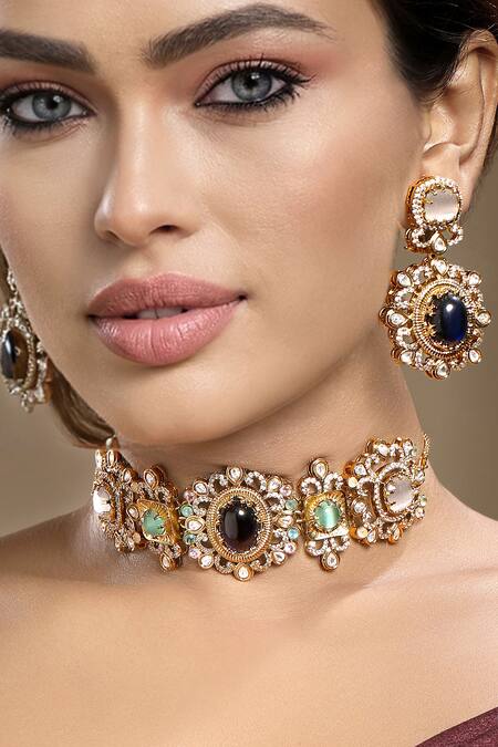 Hrisha_Gold Plated Crystals, Stones, Beads Kundan Polki Necklace Set _at_Aza_Fashions