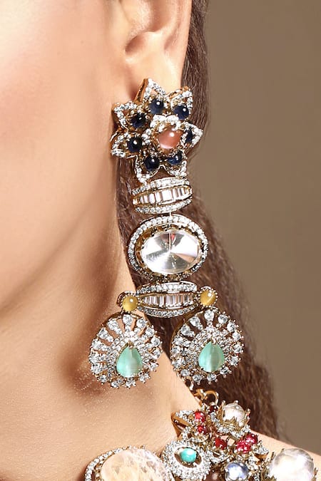 Buy_Hrisha_Gold Plated Crystals, Stones, Faux Diamonds Kundan Polki Necklace Set _Online_at_Aza_Fashions