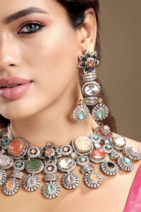 Shop_Hrisha_Gold Plated Crystals, Stones, Faux Diamonds Kundan Polki Necklace Set _Online_at_Aza_Fashions