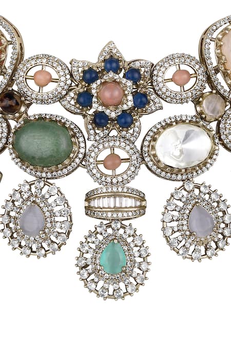 Hrisha_Gold Plated Crystals, Stones, Faux Diamonds Kundan Polki Necklace Set _at_Aza_Fashions