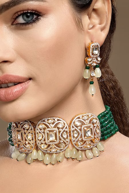 Shop_Hrisha_Mint Gemstones, Stones, Crystals, Beads Kundan Polki Necklace Set _Online_at_Aza_Fashions