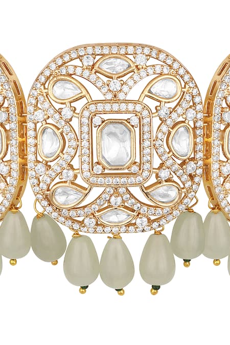 Hrisha_Mint Gemstones, Stones, Crystals, Beads Kundan Polki Necklace Set _at_Aza_Fashions