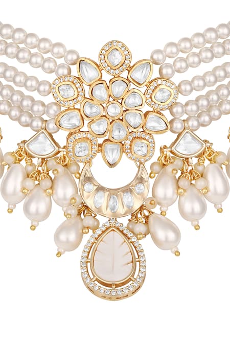 Shop_Hrisha_Gold Plated Pearls, Stones, Crystals Choker Necklace Set _Online_at_Aza_Fashions