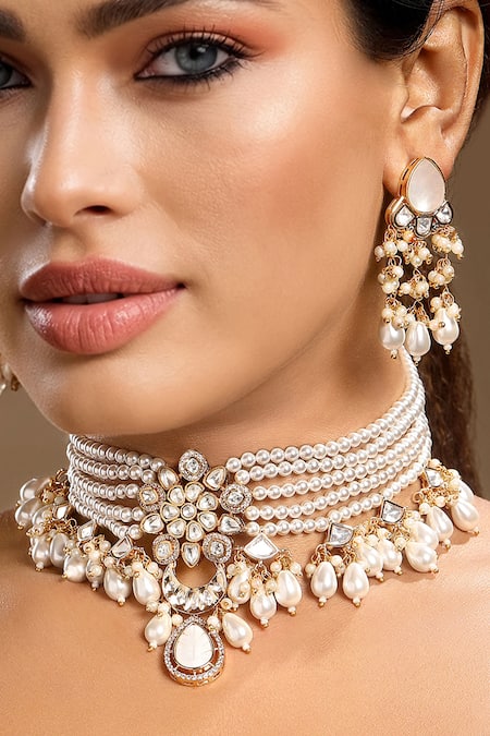 Hrisha_Gold Plated Pearls, Stones, Crystals Choker Necklace Set _at_Aza_Fashions