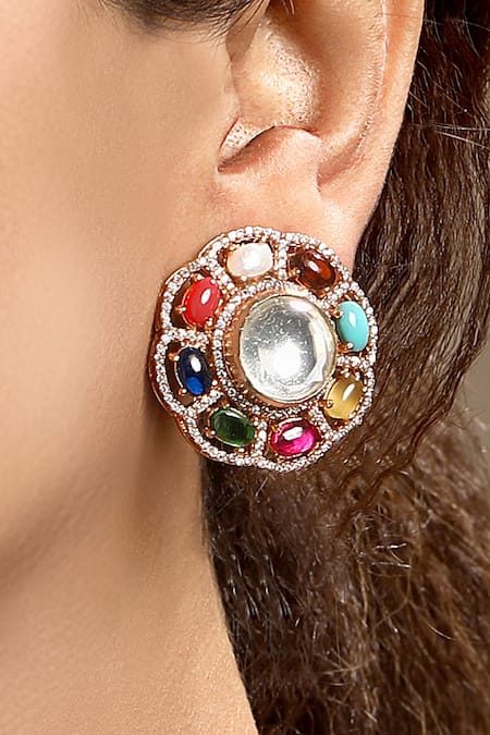 Buy_Hrisha_Multi Color Pearls, Stones, Crystals Carved And Moissanite Polki Necklace Set _Online_at_Aza_Fashions