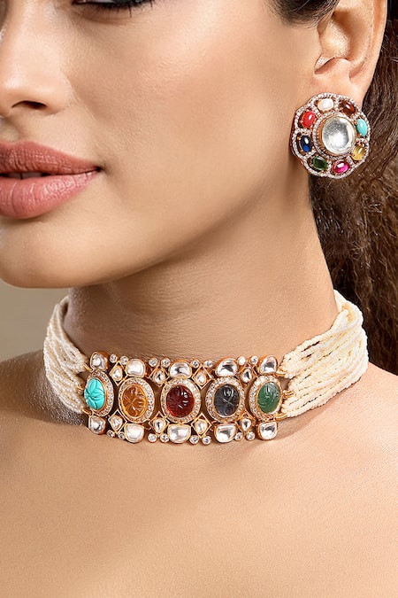 Hrisha_Multi Color Pearls, Stones, Crystals Carved And Moissanite Polki Necklace Set _at_Aza_Fashions