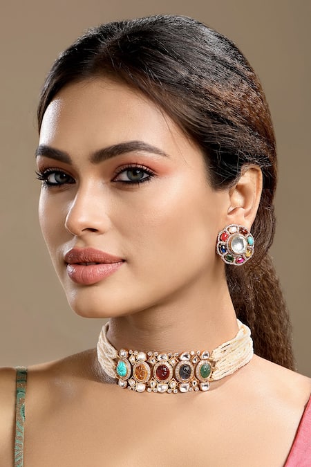 Hrisha Carved Stone & Moissanite Polki Necklace Set 