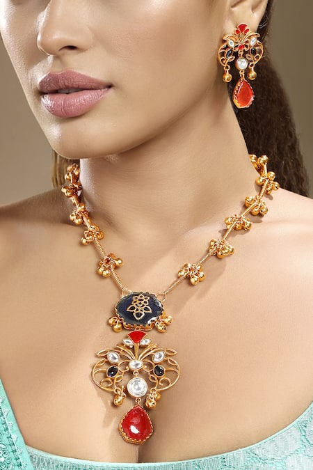 Buy_Hrisha_Multi Color Stones, Beads Moissanite Kundan Polki Jewellery Set _Online_at_Aza_Fashions
