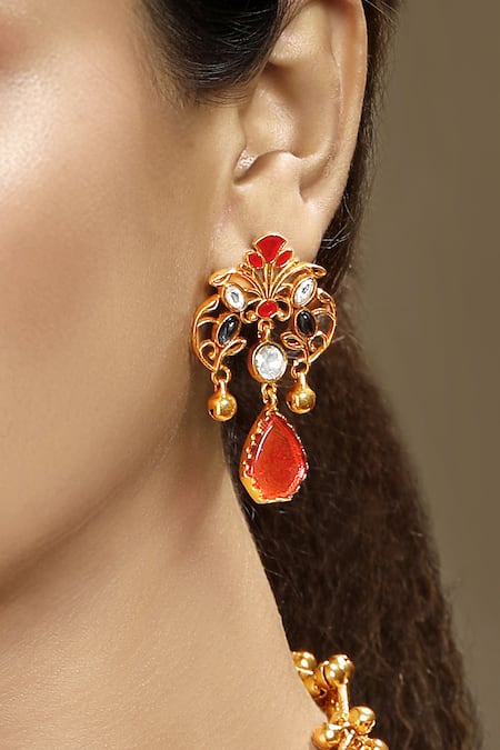 Shop_Hrisha_Multi Color Stones, Beads Moissanite Kundan Polki Jewellery Set _Online_at_Aza_Fashions