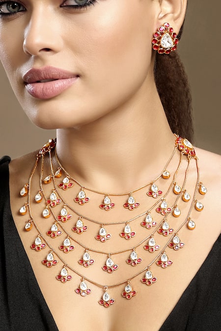 Hrisha_Gold Plated Stones Moissanite Kundan Polki Necklace Set _at_Aza_Fashions
