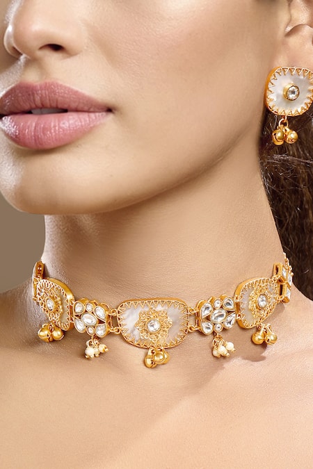 Shop_Hrisha_Gold Plated Pearls, Stones Moissanite Polki Necklace Set _Online_at_Aza_Fashions