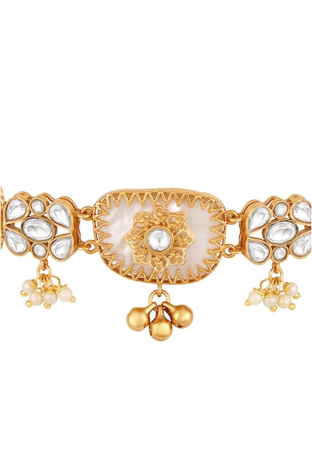 Hrisha_Gold Plated Pearls, Stones Moissanite Polki Necklace Set _at_Aza_Fashions