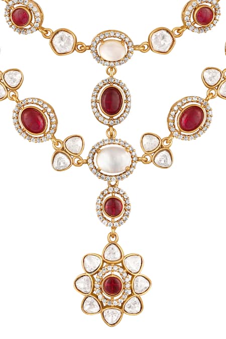Hrisha_Gold Plated Stones, Crystals Moissanite Kundan Necklace Set _Online_at_Aza_Fashions