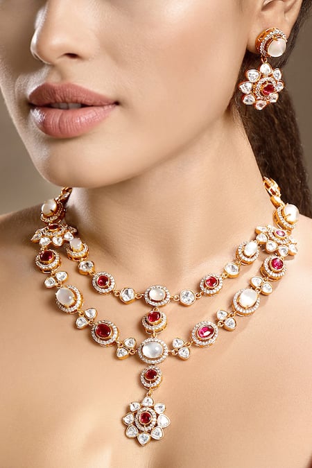 Buy_Hrisha_Gold Plated Stones, Crystals Moissanite Kundan Necklace Set _Online_at_Aza_Fashions