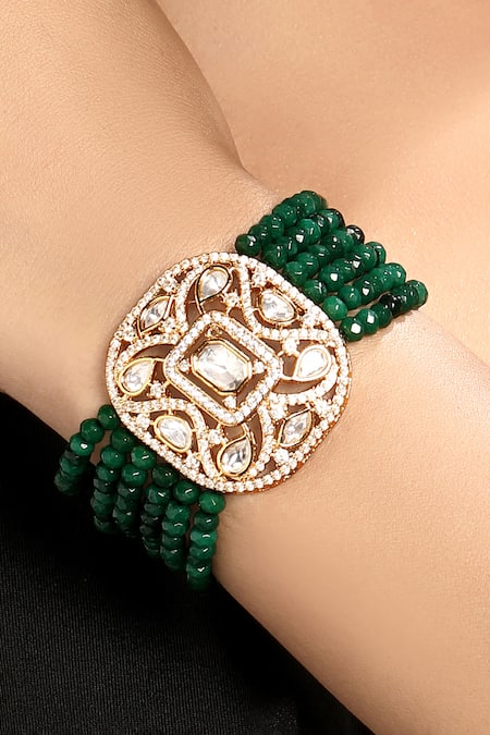 Hrisha_Green Stones, Beads, Crystals Kundan Polki Bracelet _Online_at_Aza_Fashions