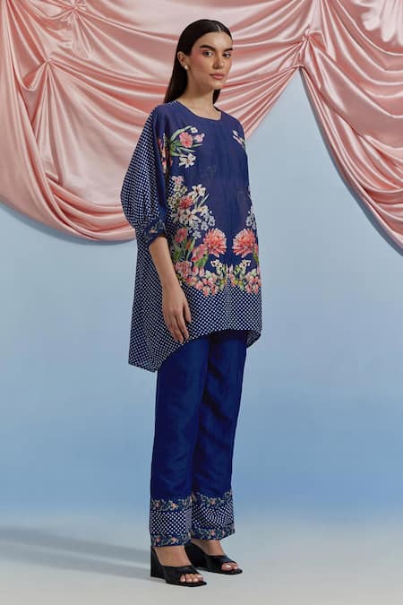 Pozruh By Aiman_Blue Linen, Organza Embroidery Round Neck Myra Printed Top With Pant _Online_at_Aza_Fashions