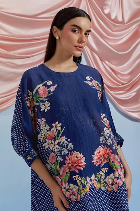 Buy_Pozruh By Aiman_Blue Linen, Organza Embroidery Round Neck Myra Printed Top With Pant _Online_at_Aza_Fashions