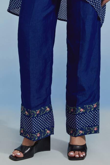 Shop_Pozruh By Aiman_Blue Linen, Organza Embroidery Round Neck Myra Printed Top With Pant _Online_at_Aza_Fashions