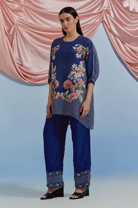 Pozruh By Aiman_Blue Linen, Organza Embroidery Round Neck Myra Printed Top With Pant _at_Aza_Fashions