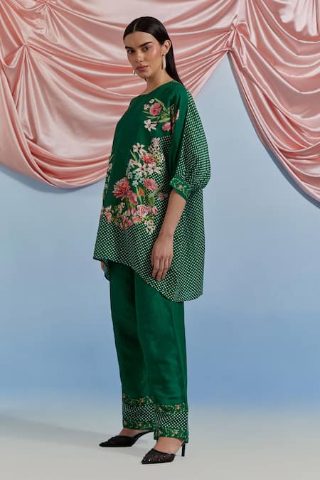 Pozruh By Aiman_Green Linen, Organza Embroidery Round Neck Myra Printed Top And Pant Set _Online_at_Aza_Fashions