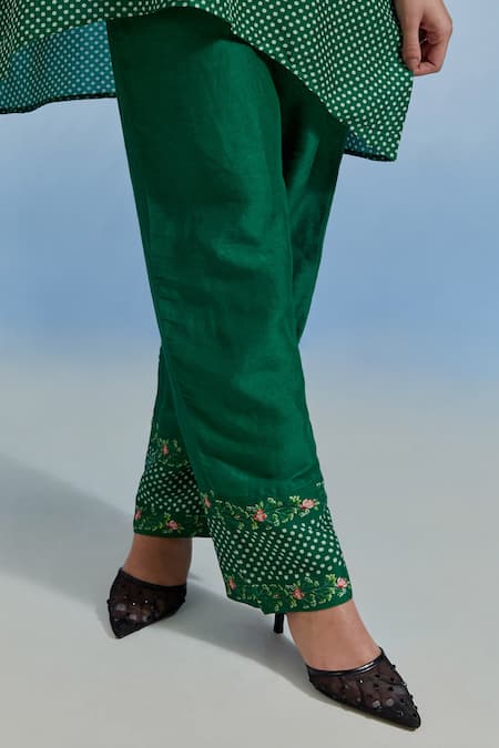 Buy_Pozruh By Aiman_Green Linen, Organza Embroidery Round Neck Myra Printed Top And Pant Set _Online_at_Aza_Fashions