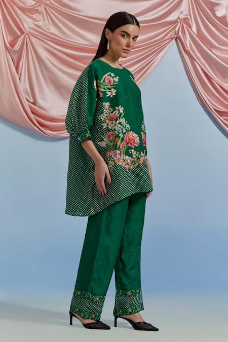 Shop_Pozruh By Aiman_Green Linen, Organza Embroidery Round Neck Myra Printed Top And Pant Set _Online_at_Aza_Fashions