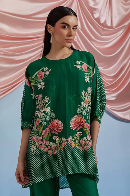 Pozruh By Aiman_Green Linen, Organza Embroidery Round Neck Myra Printed Top And Pant Set _at_Aza_Fashions