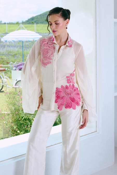 Buy_Charu And Vasundhara_Ivory Organza, Silk Embroidery Collared Floral Applique Shirt And Pant Set _Online_at_Aza_Fashions