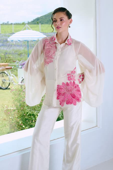Charu And Vasundhara Floral Applique Embroidered Shirt & Pant Set 