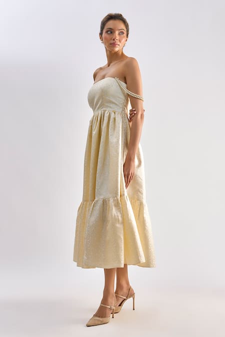 Emblaze_Yellow Brocade Pearls Bandeau Neck Strapless Midi Dress _Online_at_Aza_Fashions