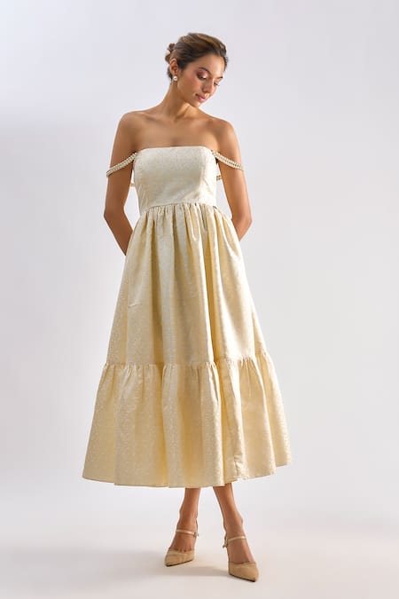 Buy_Emblaze_Yellow Brocade Pearls Bandeau Neck Strapless Midi Dress _Online_at_Aza_Fashions