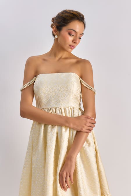 Shop_Emblaze_Yellow Brocade Pearls Bandeau Neck Strapless Midi Dress _Online_at_Aza_Fashions