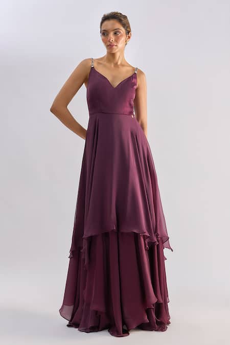 Emblaze_Wine Satin, Organza Rhinestones, Crystals V-neck Embellished Strap Tiered Gown _Online_at_Aza_Fashions