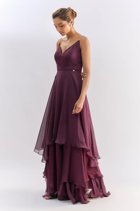 Shop_Emblaze_Wine Satin, Organza Rhinestones, Crystals V-neck Embellished Strap Tiered Gown _Online_at_Aza_Fashions