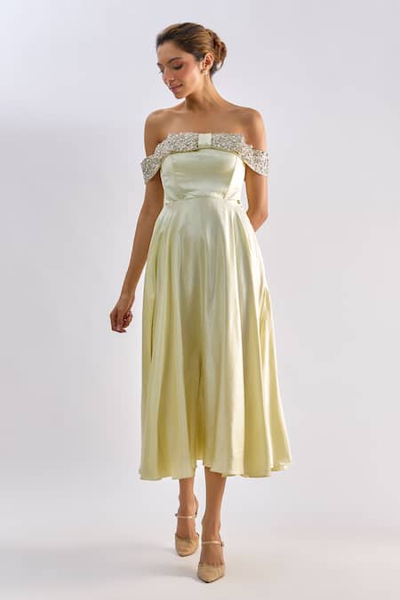 Emblaze_Yellow Crystals Off-shoulder Embellished Midi Dress _Online_at_Aza_Fashions