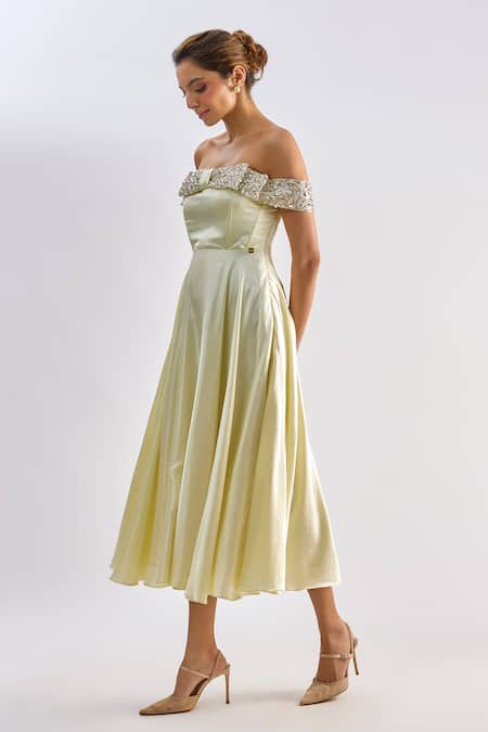 Buy_Emblaze_Yellow Crystals Off-shoulder Embellished Midi Dress _Online_at_Aza_Fashions