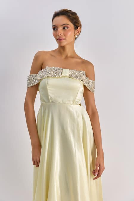 Shop_Emblaze_Yellow Crystals Off-shoulder Embellished Midi Dress _Online_at_Aza_Fashions