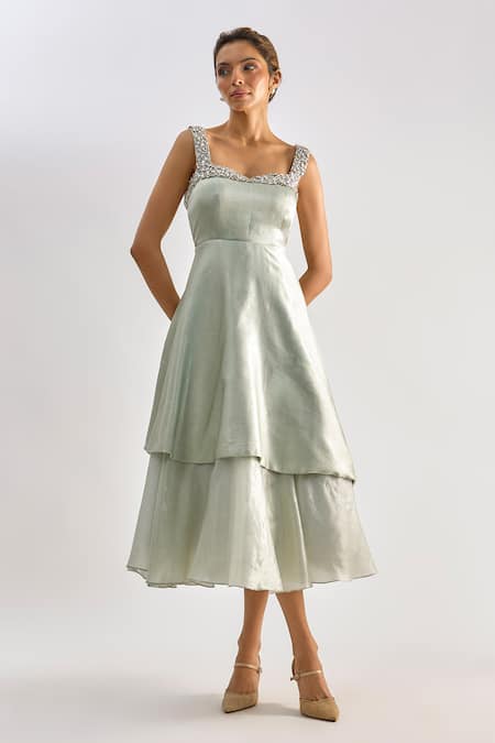 Emblaze_Green Crystals Square Neck Swarovski Embellished Tiered Midi Dress _Online_at_Aza_Fashions