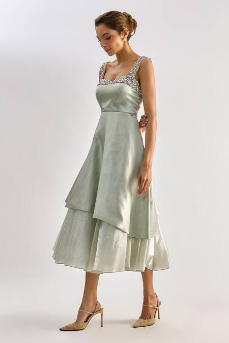 Buy_Emblaze_Green Crystals Square Neck Swarovski Embellished Tiered Midi Dress _Online_at_Aza_Fashions