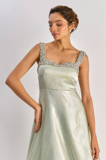 Shop_Emblaze_Green Crystals Square Neck Swarovski Embellished Tiered Midi Dress _Online_at_Aza_Fashions
